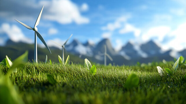Lush green field with wind turbines in background, symbolizing renewable energy and sustainability against backdrop of mountains and blue sky