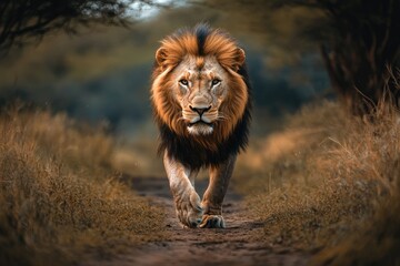 A majestic lion, its mane flowing in the wind, walks along an African savannah path.