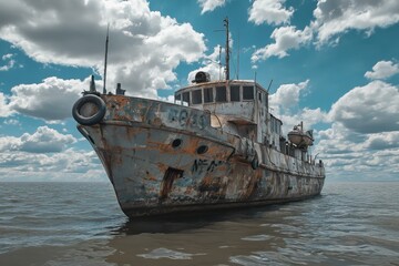 Fototapeta premium Abandoned fishing boat rests in calm waters under a cloudy sky