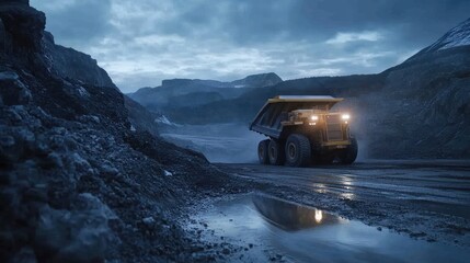 Gigantic Mining Truck Navigates a Dark and Misty Landscape During Earthworks