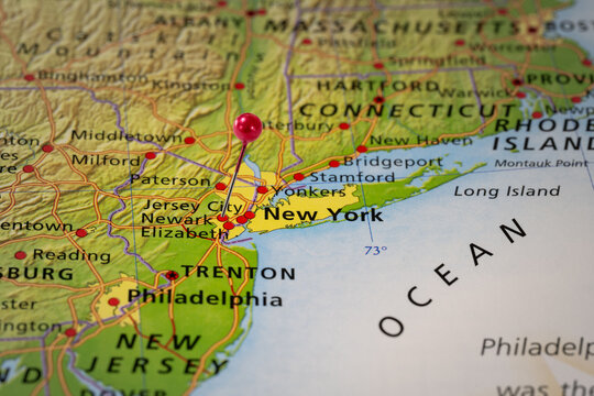 Colorful tourist location map with red stick pin at Newark, New York, USA and the surrounding area