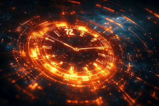 A digital clock with abstract, floating numbers and rotating hands, creating a sense of time in a futuristic and dynamic design