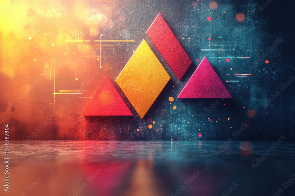 Poster colorful geometric shapes create vibrant visual art in modern digital style with a glowing backgroun
