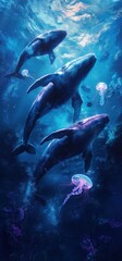 Fototapeta premium A glowing whale pod drifts through bioluminescent ruins in deep blue waters