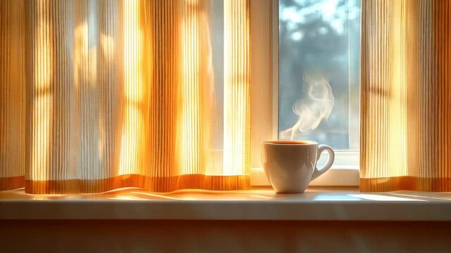 Cup of coffee sitting on a window sill