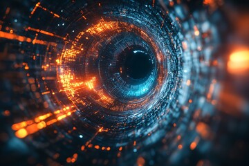 A digital eye symbol surrounded by a ring of glowing data streams, with the eye pulsating rhythmically in a dark digital void