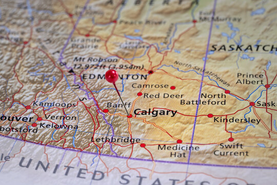 Colorful tourist location map with red stick pin at Calgary, Alberta, Canada and the surrounding area