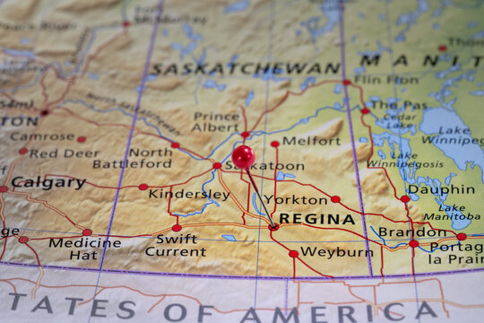 Colorful tourist location map with red stick pin at Regina, Saskatchewan, Canada and the surrounding area