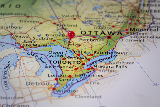 Colorful tourist location map with red stick pin at Owen Sound, Ontario, Canada and the surrounding area