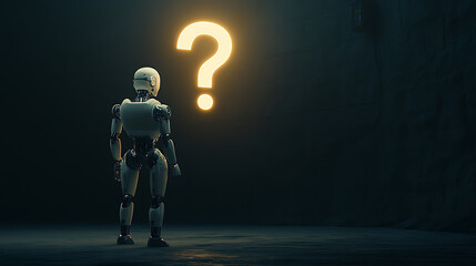 Fototapeta premium Robot contemplates a question in a dark environment