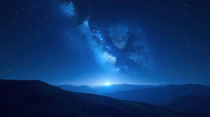 Fototapeta premium Serene Night Sky Over Rolling Mountain Ranges, Illuminated by a Celestial Tapestry of Stars and the Milky Way