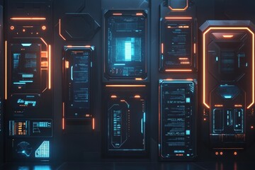 Futuristic digital interface panels glowing with blue and orange light in a modern setting