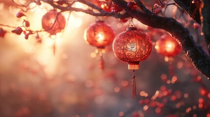 Obraz premium Warm sunlight illuminates a vibrant red lantern hanging from a berry-laden branch. A peaceful, blurred background enhances the tranquil scene