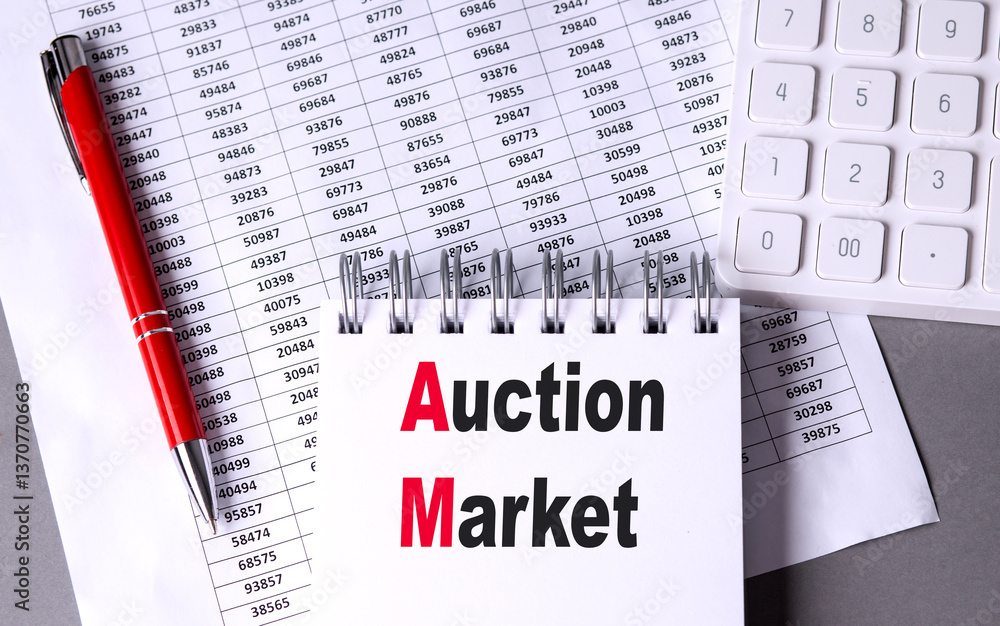 Poster notebook with text auction market on financial spreadsheets with red pen and calculator