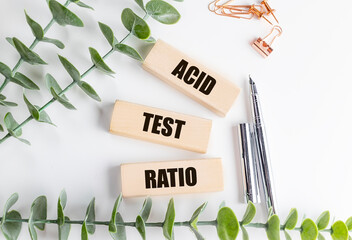 Wooden blocks with text acid test ratio on white background with eucalyptus leaves