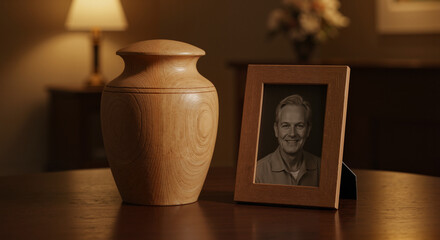 Wooden urn and framed photo on table in soft-lit room  