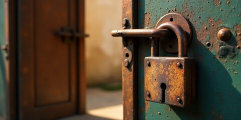 A Rusty Padlock Secures an Aged, Teal Metal Door, Partially Open Revealing a Weathered Brown Door Beyond