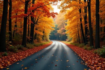 Autumnal Road Winding Through Vibrant Fall Foliage, A Picturesque Scene of Golden and Red Leaves