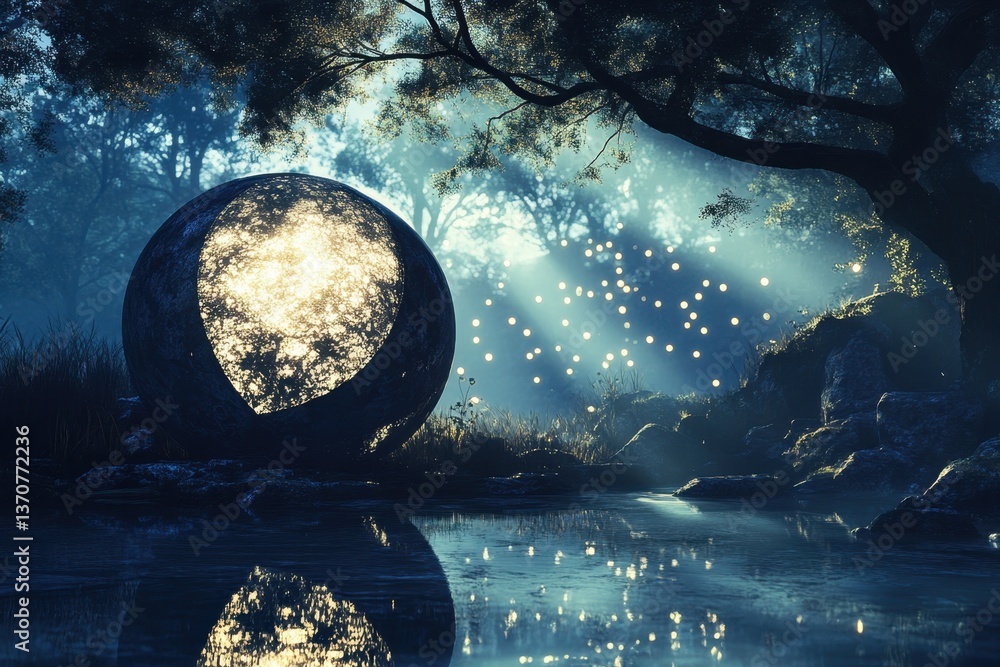 Poster mystical evening light and reflections around a glowing orb in a serene forest setting
