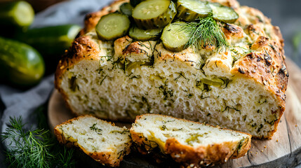 Freshly Baked Dill Pickle Bread with Sliced Pickles on Wooden Board and Soft Natural Lighting