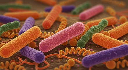 Colorful microscopic bacteria and spiralshaped organisms are featured