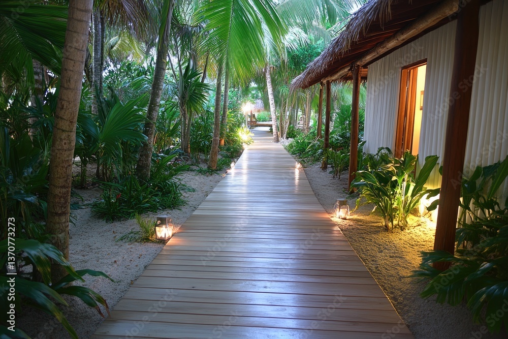 Poster tranquil walkway lined with palm trees and lit lanterns, leading towards a building