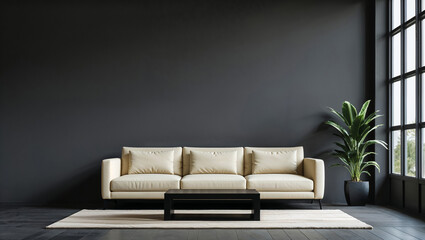 Serene minimalist living room featuring a creamy beige sofa against a dramatic dark gray wall, bathed in soft natural light, creating a peaceful and sophisticated atmosphere.