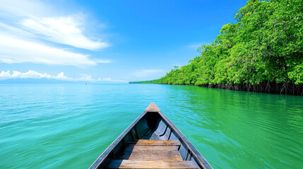 Obraz premium Serene Boat Journey Through Lush Green Mangrove Forest Waters