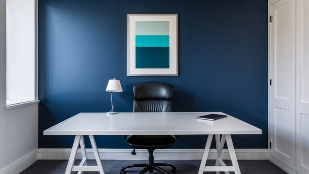 A serene minimalist home office bathed in soft natural light, featuring a sleek white desk against a deep blue wall, showcasing a calming abstract artwork.