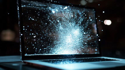 The laptop is a hologram. Holographic projection laptop. Flickering energy flux of particles. The scientific design of the laptop