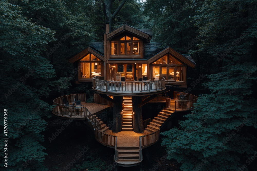 Poster elevated wooden structure within dense forest. wraparound deck with staircase under soft illuminatio