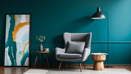 Serene teal room, a grey armchair inviting quiet relaxation next to abstract art, bathed in soft light.