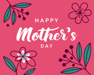 Obraz premium Happy Mother's Day Greeting with Stylized Teal and White Flowers on Pink.