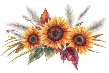 Naklejka premium A vibrant depiction of a floral arrangement with cheerful sunflowers, bold dahlias, and delicate leaves, filled with warmth and delight