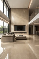 Modern living room interior, beige marble floor tiles, large concrete TV wall feature with built-in cabinets and fireplace, contemporary sofa set in front of the TV, large double-height space with hig