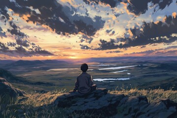 A man sits on the edge of an open plain, watching the sunset overhead. He wears outdoor and has short hair.