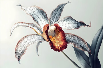 A detailed botanical illustration depicts a blooming spotted orchid flower