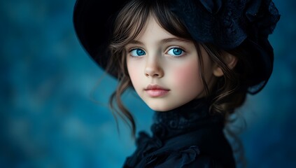 Fototapeta premium A young girl with dark brown hair and blue eyes, dressed in an elegant black hat and coat, exuding a sophisticated and stylish appearance