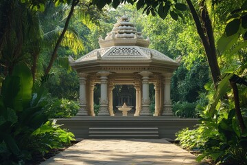Fototapeta premium Elegant stone pavilion surrounded by lush greenery in tranquil garden setting