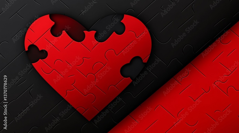 Poster red heart appears as a jigsaw puzzle on a patterned dark background with red stripe.