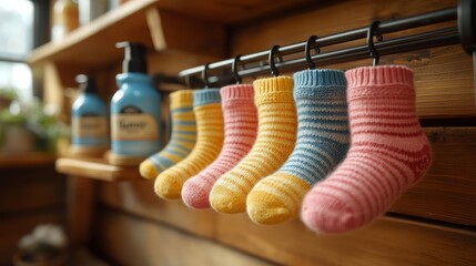 Striped socks in vibrant colors dangle from a rack, enhancing the warmth of the rustic room filled with cozy elements