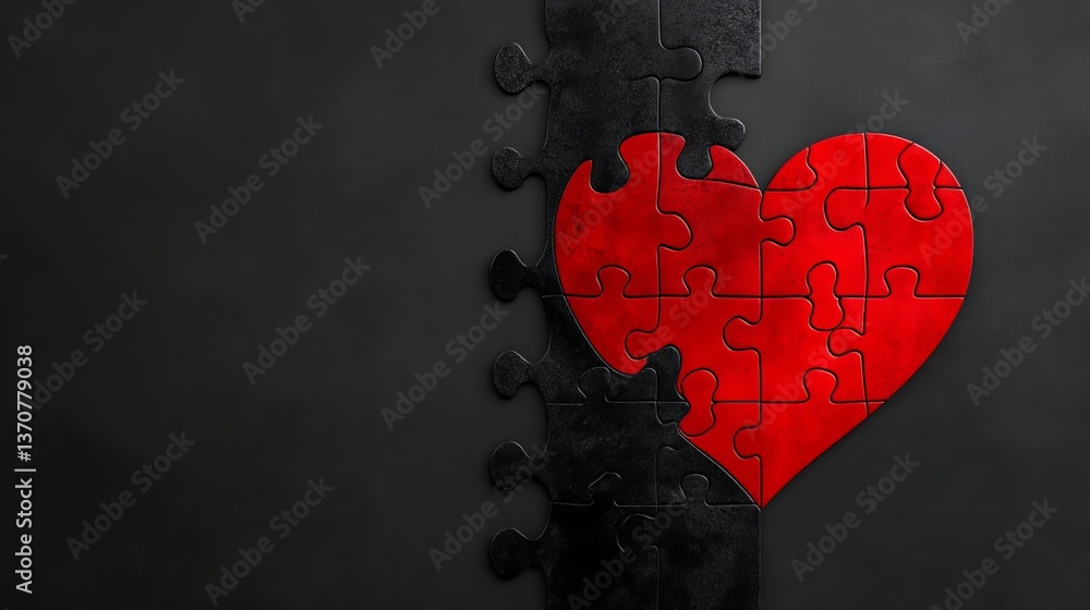 Poster red puzzle heart is assembled on a dark background with additional black puzzle pieces completing th