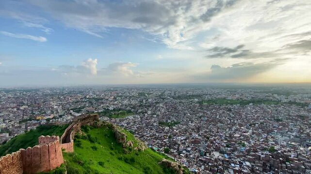 A breathtaking view of Jaipur city as seen from Nahargarh Fort, Rajasthan, India, offering a stunning blend of historical charm and urban landscape.