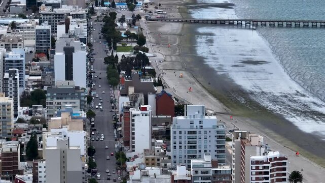 Aerial view of Puerto Madryn main road on a cloudy day. Chubut, Argentin