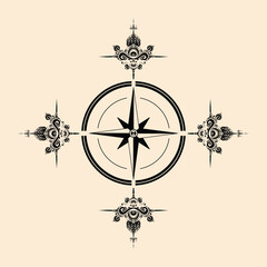 A Compass with Side Ornaments for Tattoo Design