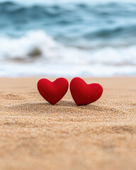 Two red heart-shaped stones on sandy beach with ocean waves in the background.