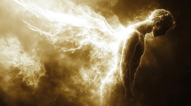 An illuminated figure with angelic wings stands gracefully in glowing mist, exuding mysticism and peace