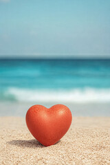 Fototapeta premium A heart-shaped stone rests on sandy beach with a serene ocean backdrop.