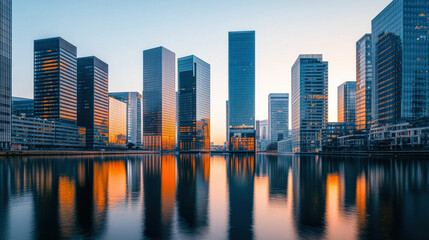 Obraz premium Modern city skyline reflecting on water at sunset, showcasing skyscrapers and urban architecture.