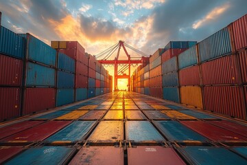 Colorful shipping containers illuminate by sunset at a busy port during dusk